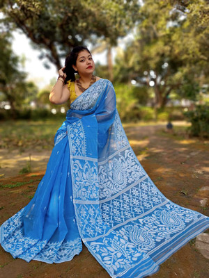 RIDDHIMAN FASHION Self Design Jamdani Pure Cotton Saree(Blue)