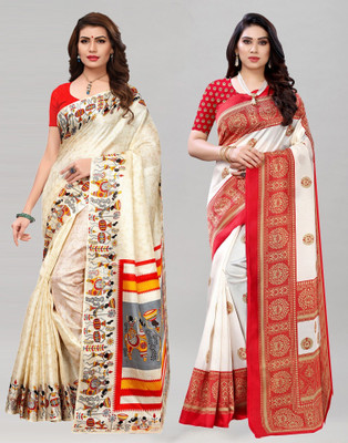 Grubstaker Graphic Print, Floral Print Banarasi Cotton Silk Saree(Pack of 2, Red, Cream)