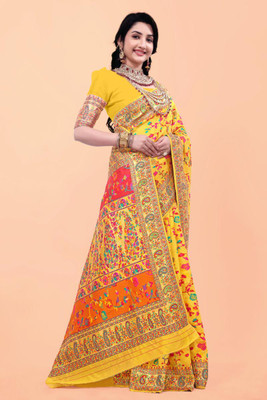 Wovenza Self Design, Woven Bollywood Cotton Blend, Semi-Pashmina Saree(Yellow)