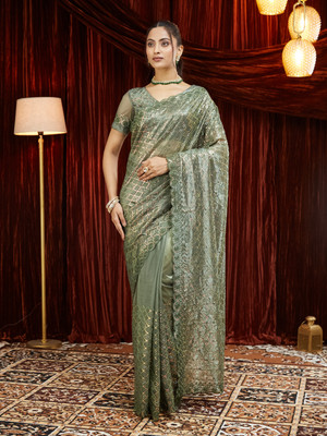 KASEE Embroidered Bollywood Net Saree(Green)
