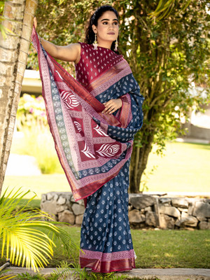 Anouk Rustic Printed Daily Wear Cotton Blend Saree(Blue)