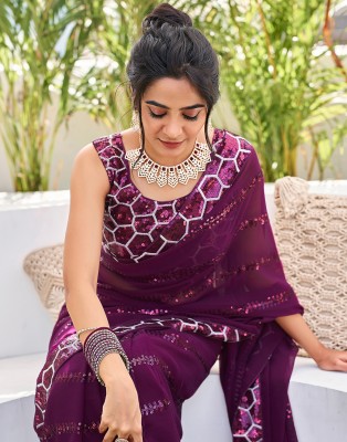 Satrani Dyed, Embroidered, Embellished Bollywood Chiffon, Georgette Saree(Purple)