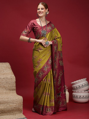 Sareemall Printed Chanderi Silk Blend Saree(Maroon, Yellow)