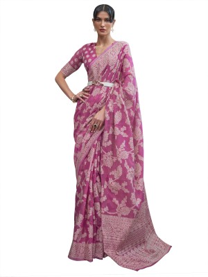 Akhilam Woven Bollywood Cotton Linen Saree(Pink)