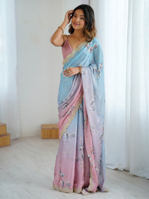 ANOUK Embellished Bollywood Chiffon Saree(Light Blue)