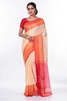 sourav biswas Self Design Handloom Pure Cotton Saree(Red, Cream)