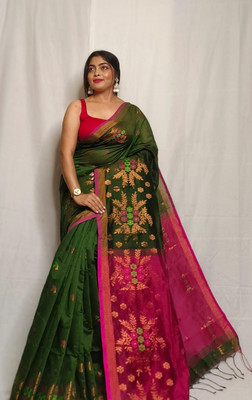 binita Self Design Handloom Cotton Blend Saree(Dark Green)