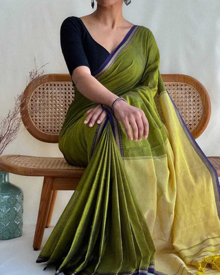 Bsc Solid/Plain Handloom Cotton Blend Saree(Light Green)