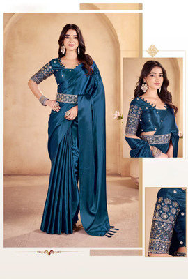 CELEUM Embroidered Bollywood Satin Saree(Dark Blue)