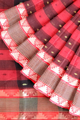 PRANATI ENTERPRISE Checkered Tant Cotton Blend Saree(Red)