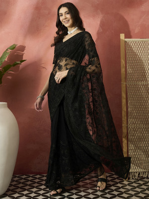 ShopGlobal Self Design Banarasi Net Saree(Pack of 2, Black)