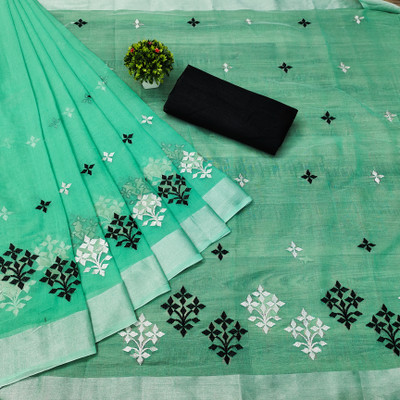 GLOWMOROUS Embroidered Handloom Cotton Linen Saree(Green)