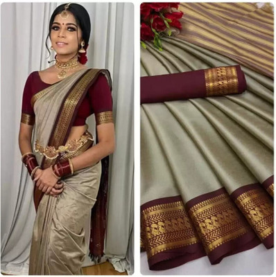 SHRIMAY Woven Kanjivaram Silk Blend Saree(Cream)