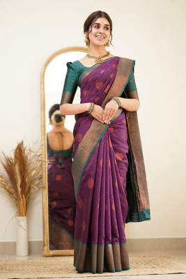 Handsel Woven Banarasi Jacquard, Silk Blend Saree(Purple)