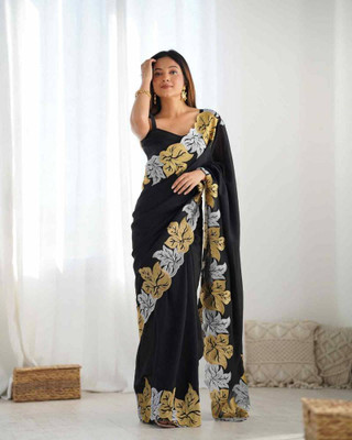 Khodiyar Embroidered, Solid/Plain Assam Silk Georgette Saree(Black)