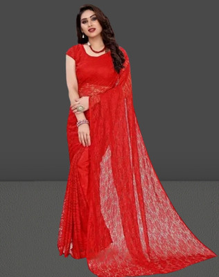Vragi Floral Print Bollywood Net Saree(Pack of 2, Red)