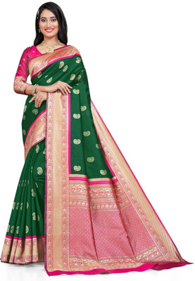 BuyNests Woven, Self Design Kanjivaram Silk Blend Saree(Dark Green)