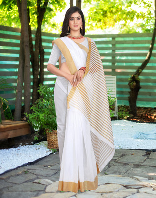 shree laxmi Woven Kasavu Pure Cotton Saree(White)