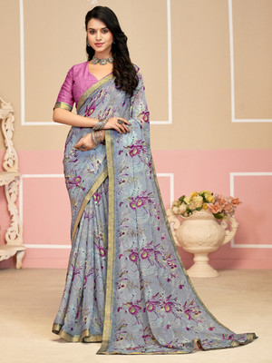 PANZORA Floral Print Daily Wear Chiffon Saree(Grey)