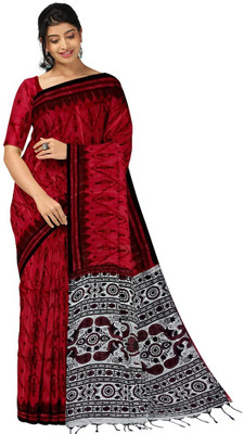 Joyguru Textile Printed, Self Design Sambalpuri Cotton Blend Saree(Red)