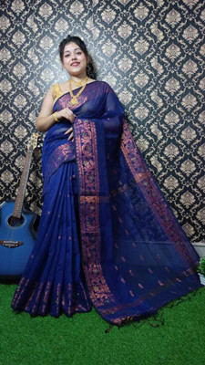 AMIT STORE Self Design Handloom Cotton Blend Saree(Dark Blue)