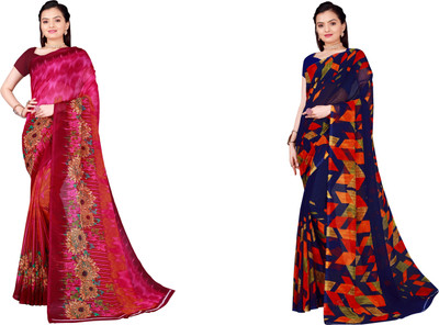 Suntex Printed Daily Wear Georgette Saree(Pack of 2, Grey)