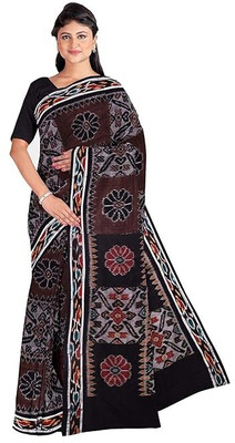 HouseOfCommon Hand Painted, Temple Border Sambalpuri Handloom Pure Cotton Saree(Cream, Black)