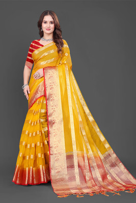 Aarunika MT Striped Bollywood Organza Saree(Yellow)