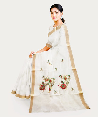 Atex Embroidered, Floral Print Kasavu Pure Cotton Saree(Multicolor, Red, Green, Cream)