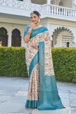 Dharmata Enterprise Digital Print Banarasi Crepe Saree(Light Blue)