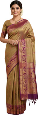 Kabitas Dreamland Woven, Paisley Baluchari Pure Silk Saree(Brown, Purple)