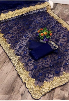 SkyFlock Embroidered, Embellished Bollywood Net Saree(Dark Blue)