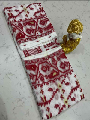 Soma Tant saree Mahal Self Design, Woven, Geometric Print Handloom Cotton Silk Saree(White)