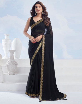 Samah Dyed, Embellished, Self Design Bollywood Georgette Saree(Black)