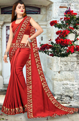 Offirra International Embroidered Banarasi Lycra Blend, Chiffon Saree(Red, Orange)