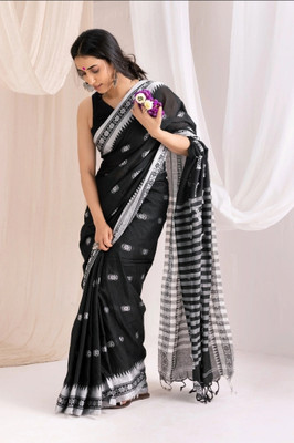 ADbutiq Temple Border, Self Design Tant Pure Cotton, Cotton Blend Saree(White, Black)