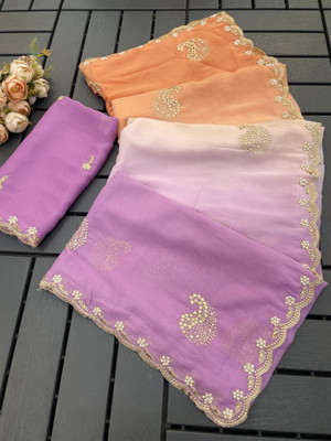 Ethina Fashion Embellished Bollywood Georgette Saree(Purple, Orange)