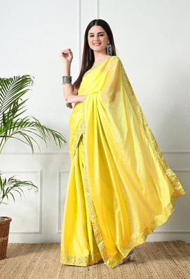 Pionex Solid/Plain Bollywood Chiffon, Silk Blend Saree(Yellow)