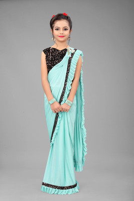 Dream Clouds Solid/Plain Bollywood Lycra Blend Saree(Blue)