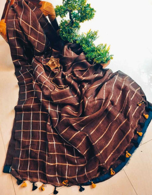 AMIT STORE Self Design Handloom Cotton Linen Saree(Brown)