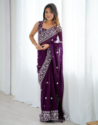 Satrani Embroidered, Embellished Bollywood Georgette Saree(Purple)