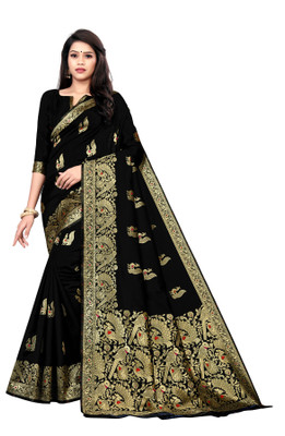 Vedant Vastram Solid/Plain Banarasi Silk Blend Saree(Black)