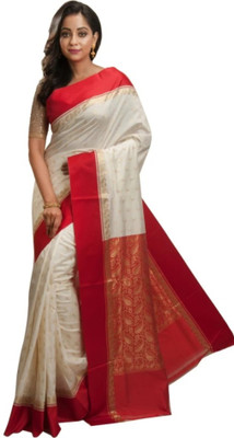 Avik Creation Woven Kanjivaram Pure Silk Saree(Cream)