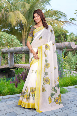 Vinayak Textile Printed Bollywood Linen Saree(Yellow)