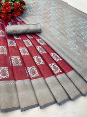 Julee Self Design Banarasi Pure Silk Saree(Red)