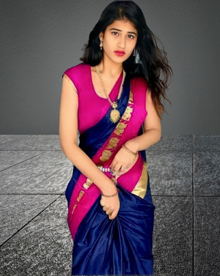 Mortal Textile Printed Assam Silk Cotton Silk Saree(Pink, Blue)