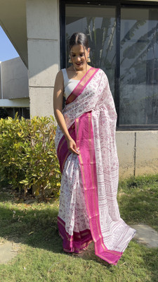 Bansari Textiles Solid/Plain Bollywood Chiffon, Silk Blend Saree(Pink, White)