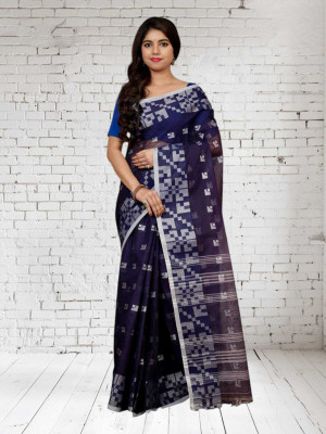 GOURAB HANDLOOM Self Design Tant Pure Cotton Saree(Dark Blue)