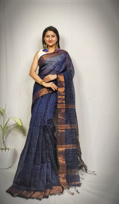 PRANATI ENTERPRISE Checkered Handloom Cotton Silk Saree(Dark Blue)