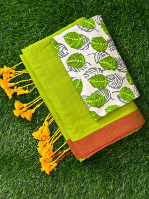 HouseOfCommon Solid/Plain, Printed Kalamkari Handloom Pure Cotton Saree(Light Green, Green)